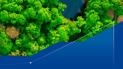 Forest and lake image with a graph graphic over to represent performance data