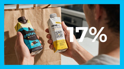Holding protein drinks in Tetra Prisma Aseptic carton packages, text: 17%