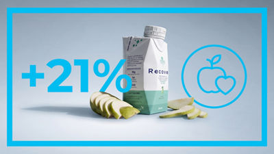 Recovery drinks in Tetra Prisma Aseptic carton package, text: 21%