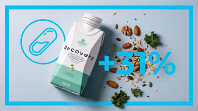 Recovery drink in Tetra Prisma Aseptic carton packages, nuts and seeds, text:31%