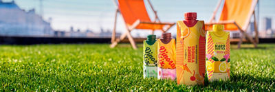RTD alcoholic beverages in carton on the grass with beach chairs in the background