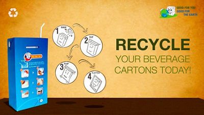 Recycle used beverage cartons (UBCs) with these simple steps - “Rinse, Flip, Flap, Flatten”.
