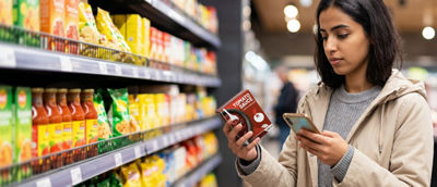 Woman in store scanning Tetra Recart with smartphone