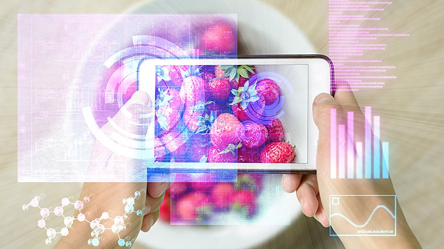 Consumer using tablet to scan food to get information