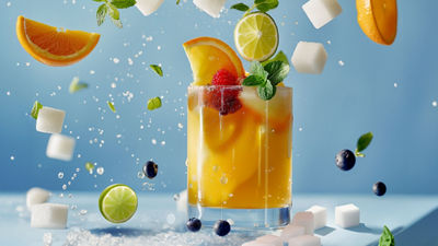 Meyve, şeker küpleri ve bardakta meyve suyu