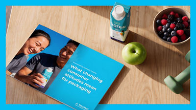 Sustainability brochure, Tetra Prisma carton anf fresh fruit on table