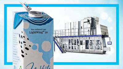 Tetra Brik with LightWing 30 tethered cap, filling machine in background