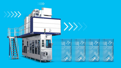 Tetra Pak E3/Speed Hyper on blue background with packages