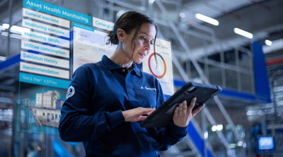 Mulher com uniforme da Tetra Pak operando tablet em ambiente fabril, observando telas digitais com gráficos e dados de monitoramento de ativos, representando uso de tecnologia para eficiência e sustentabilidade.