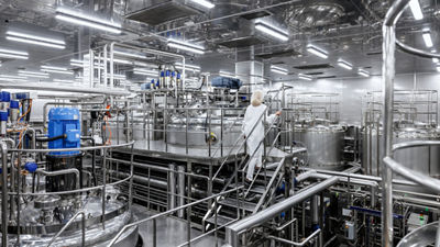 Employee in a white coat climbing stairs among stainless steel processing tanks and pipes.