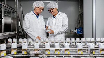 Two employees wearing white coats and hairnets inspecting a carton beside a production line.