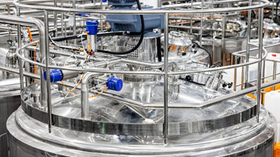 Close-up of a stainless steel processing tank with a motor, valves and safety railings.