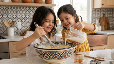 Mutfakta yemek pişiren genç kızlar, Tetra Recart 100 mini karton ambalajı