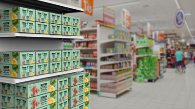 棚に置かれたテトラ・リカルト紙容器 