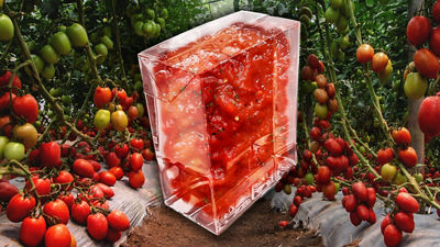 Envase de cartón transparente con salsa de tomate