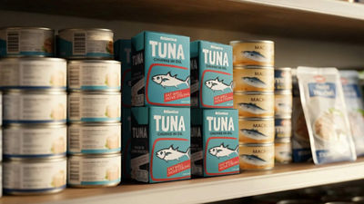 Tuna in cans and cartons on shelf