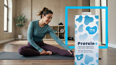 Woan doing sit-ups, protein drink in Tetra Pak carton package
