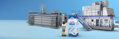 Tetra Brik Aseptic carton packages, heat exchanger and filling machine in backgroud