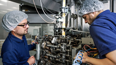 Two technicians inspecting the internal components of a production machine