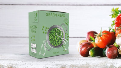 Peas in Tetra Recart carton package and fresh vegetables