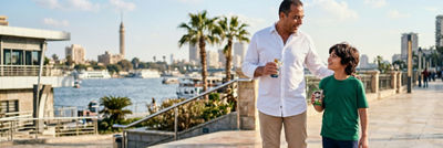 Father and child with drinks on-the-go