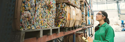Woman taking inventory, bales with recycled beverage carton