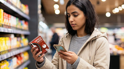 Woman in store scanning Tetra Recart with smartphone