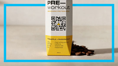 Workout drink in carton with QR code and coffee beans