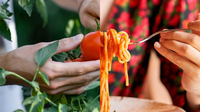 a hand holding a tomato and a tomato pasta