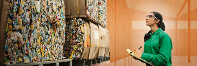 Woman and bales with cartons for recycling