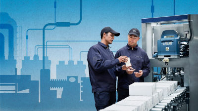 factory workers in blue background