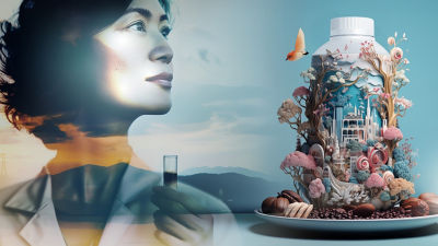 Artistic image, woman and decorated Tetra Top package