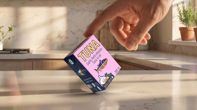 One finger holding Tetra Recart carton with tuna