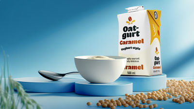 Bowl, carton with plant-based yoghurt