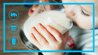 Child drinking milk, icons and blue frame