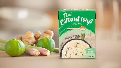Coconut soup in Tetra Recart carton, fresh lime and ginger