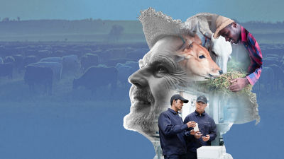 Illustration, man in hat, operators and farmer