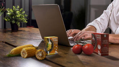 Computer, Tetra Recart food cartons, sweet corn and fresh tomatoes