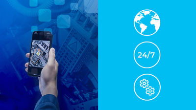 Mano que sostiene un teléfono, íconos sobre fondo azul