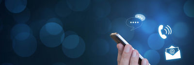 Hand holding a phone and phone feature icons