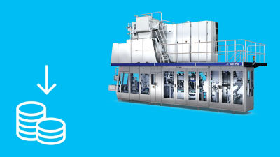 Ícono de máquina de llenado y costos más bajos