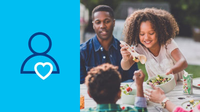 Family eating outside, people and heart icon