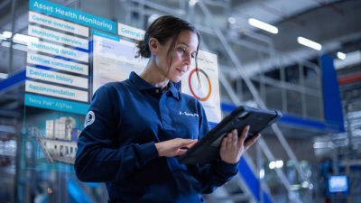 Service engineer with tablet, asset health monitoring data in background