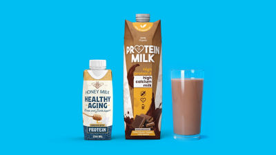 Protein beverages in Tetra Prisma Aseptic carton packages, choclocate milk in glass