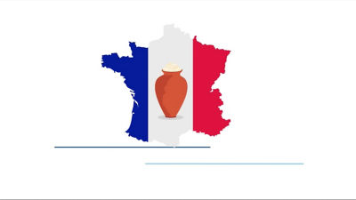 An illustration of the french flag in the shape of France with a brown pot on top of it