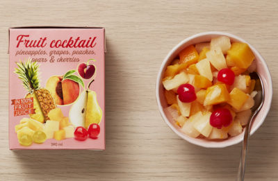 fruit cocktail in a bowl and package