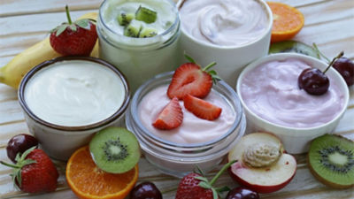 Bowls filled with dairy and fruit
