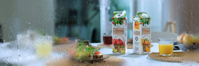 Juice in Tetra Rex cartons on breakfast table