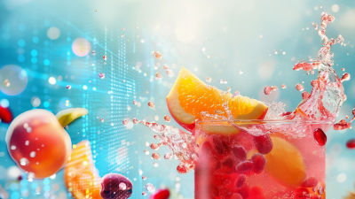 Fruits, juice splash on a blue-background