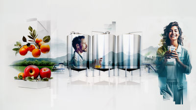 Frutas, hombre, equipamiento y mujer con envase para bebidas